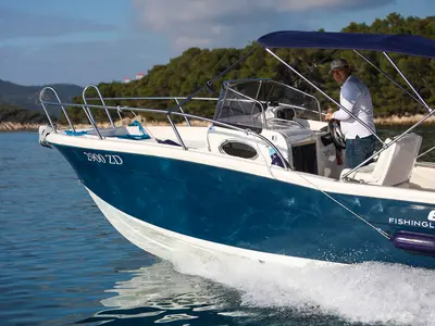Exterior view of no name, a Elan 650 motorboat at Općina Sukošan, Croatia