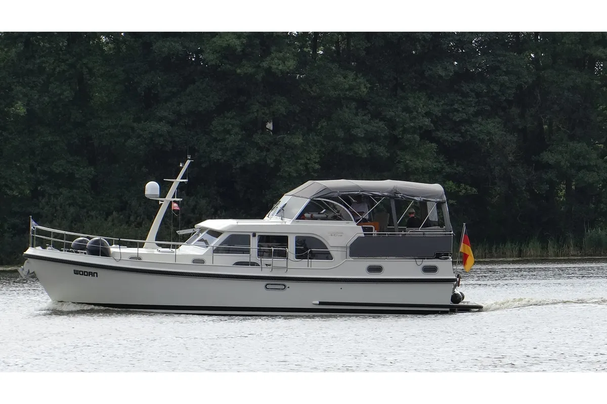 Exterior view of Wodan, a Linssen Grand Sturdy 40.9 AC motorboat at Mirow, Germany