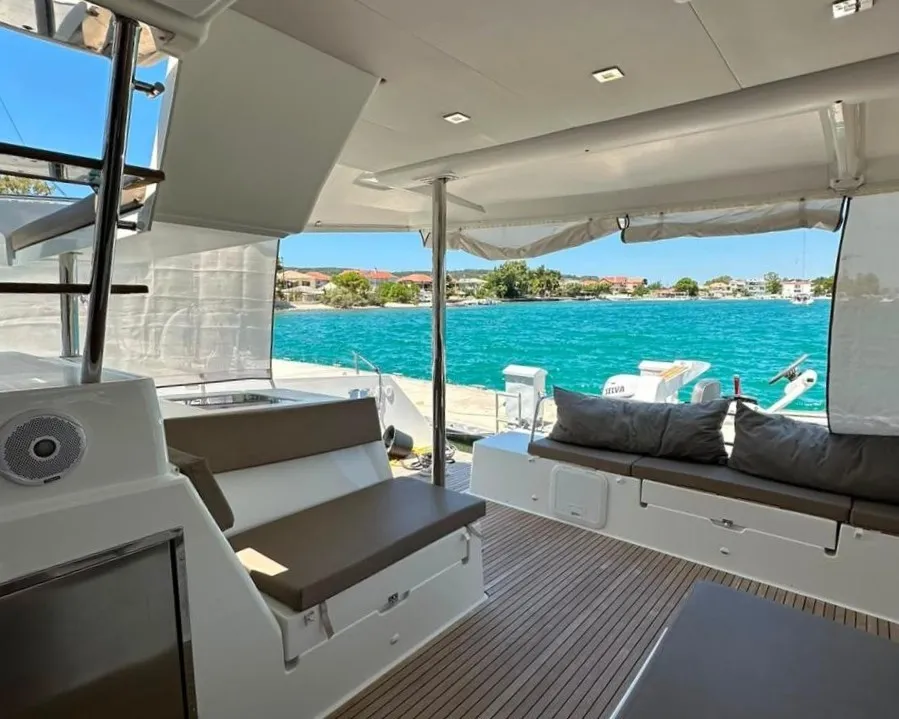 Deck of Isabella, a Fountaine Pajot Saba 50 catamaran at Lefkada, Greece