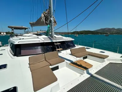 Deck of Isabella, a Fountaine Pajot Saba 50 catamaran at Lefkada, Greece