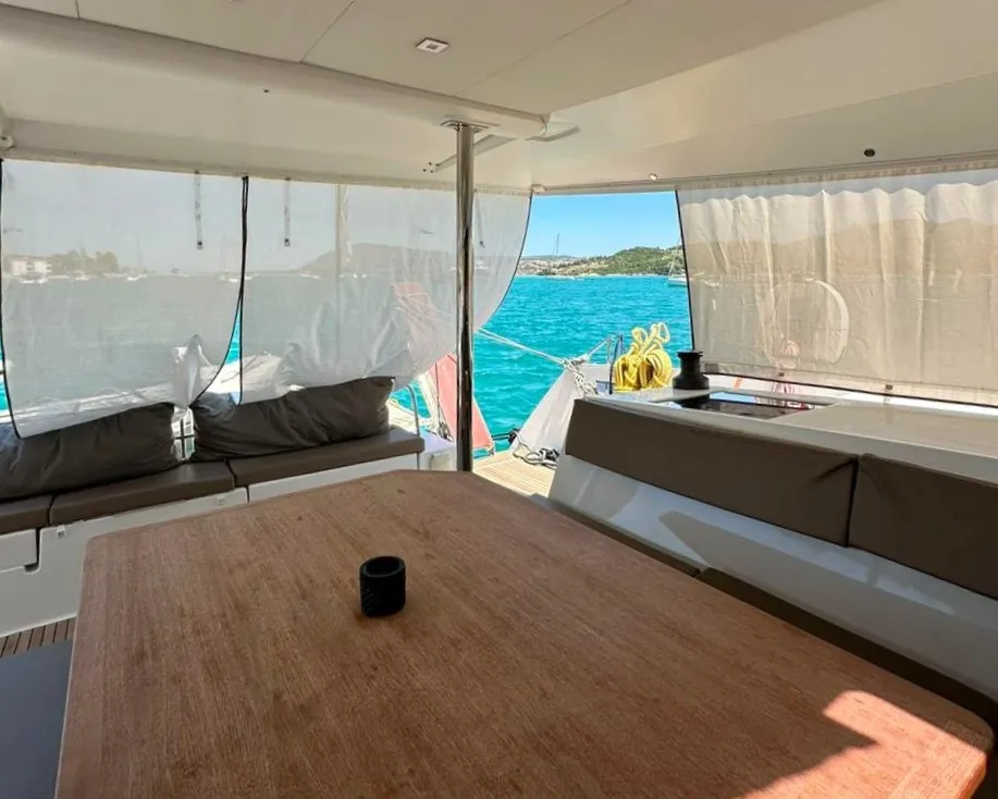 Deck of Isabella, a Fountaine Pajot Saba 50 catamaran at Lefkada, Greece