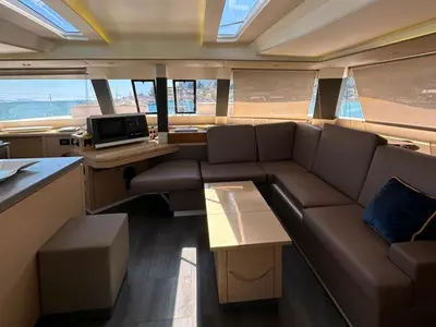 Salon of Isabella, a Fountaine Pajot Saba 50 catamaran at Lefkada, Greece