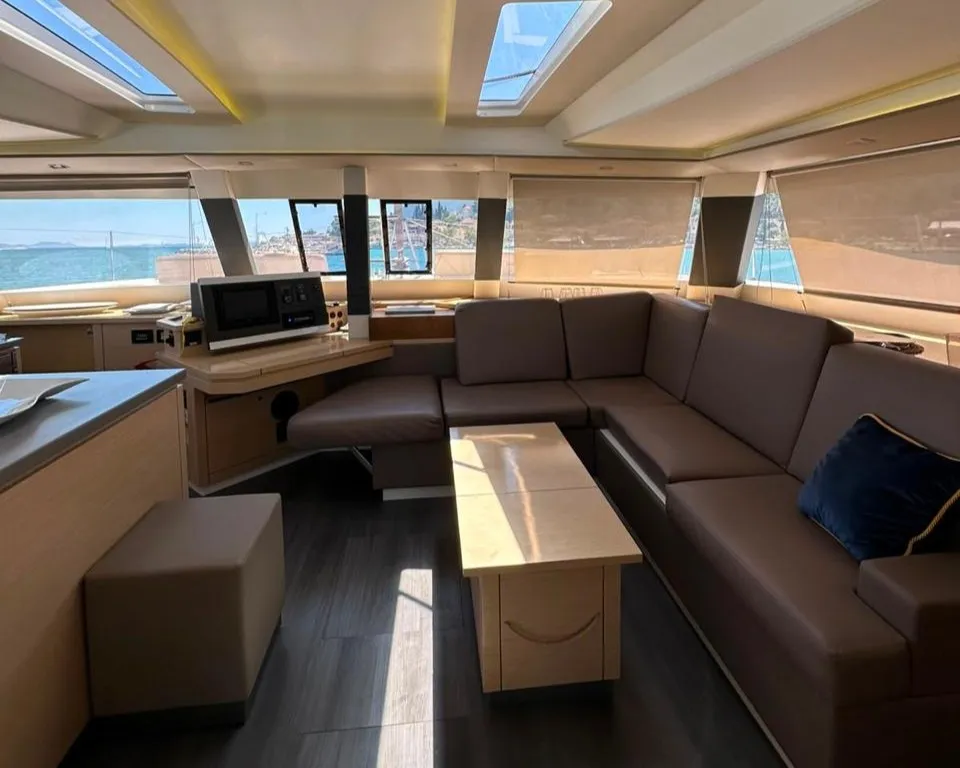 Salon of Isabella, a Fountaine Pajot Saba 50 catamaran at Lefkada, Greece