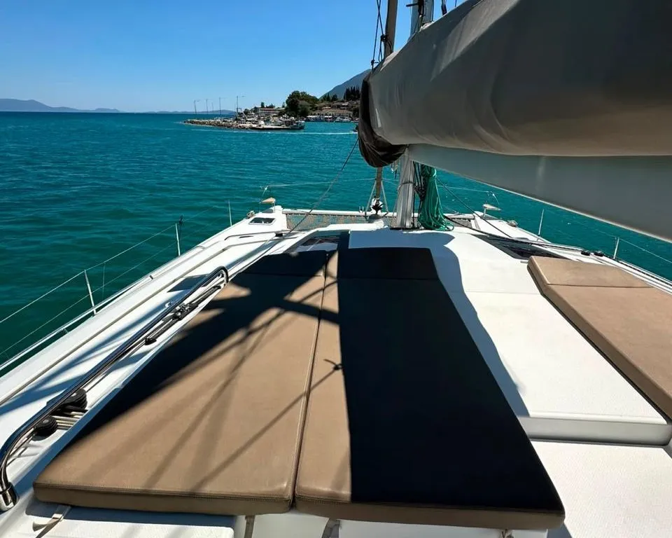 Deck of Isabella, a Fountaine Pajot Saba 50 catamaran at Lefkada, Greece