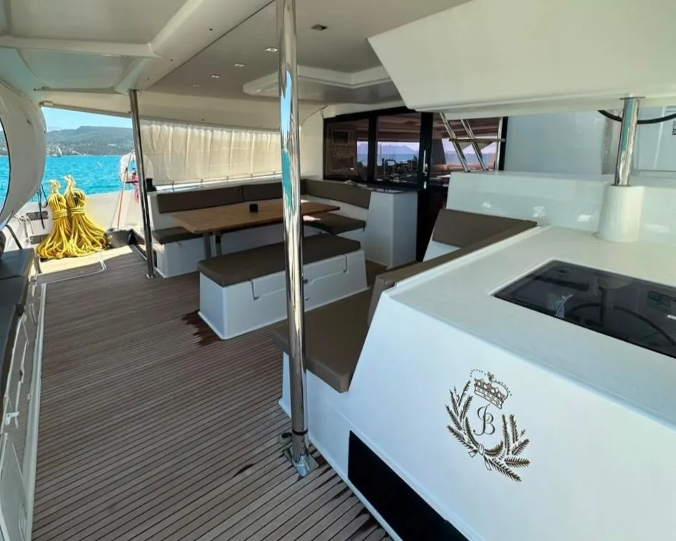 Deck of Isabella, a Fountaine Pajot Saba 50 catamaran at Lefkada, Greece