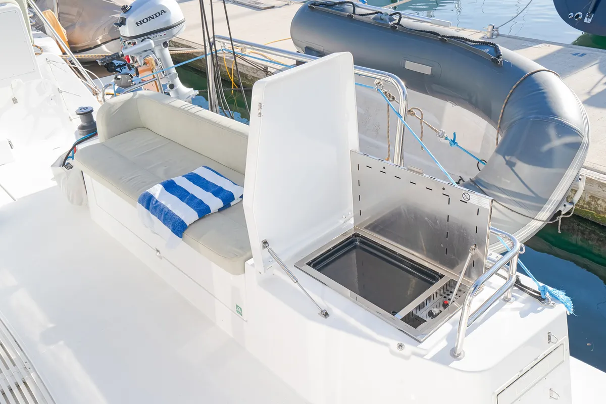 Deck of First Flirt, a Bali Catsmart catamaran at Skradin, Croatia