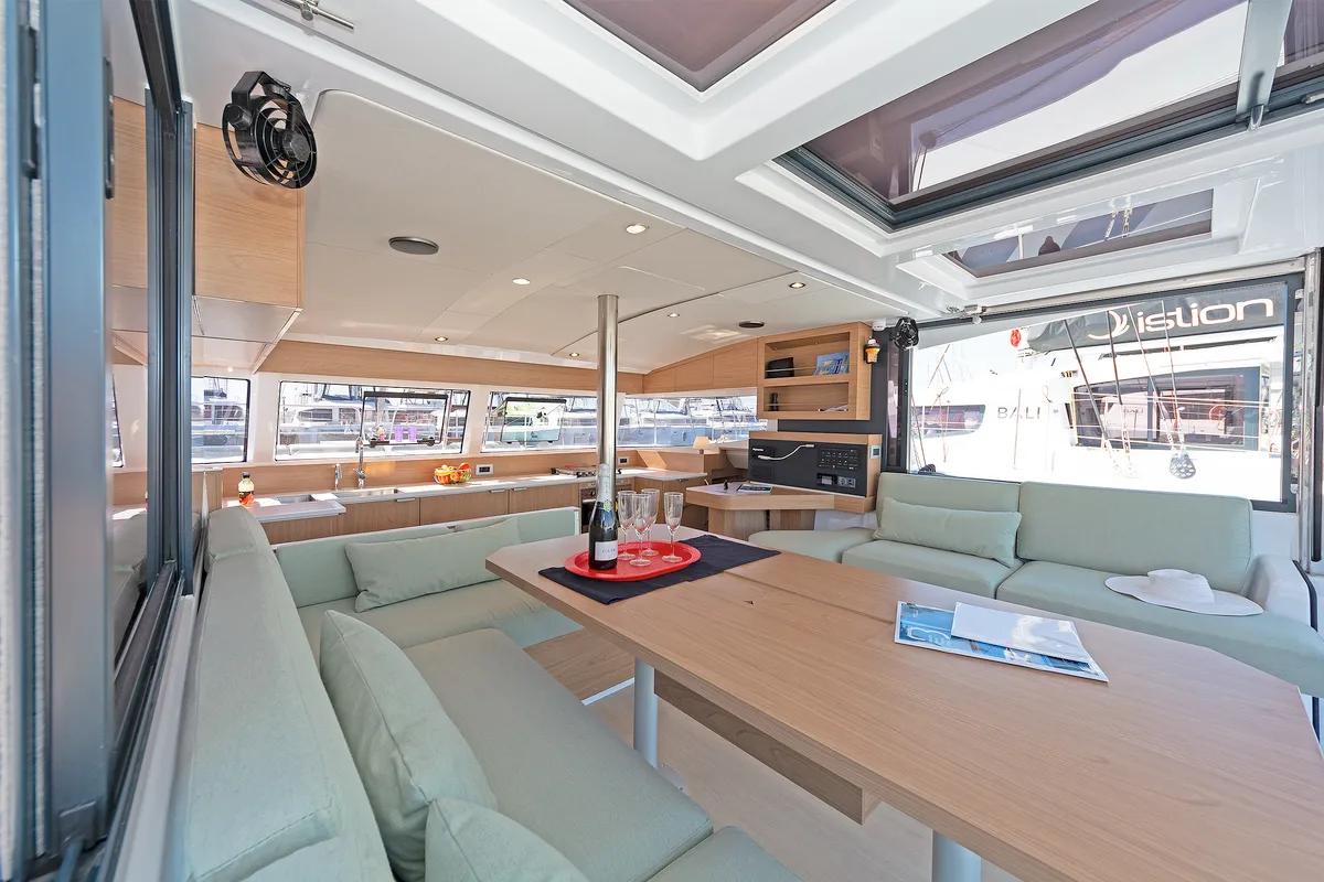 Salon of First Flirt, a Bali Catsmart catamaran at Skradin, Croatia