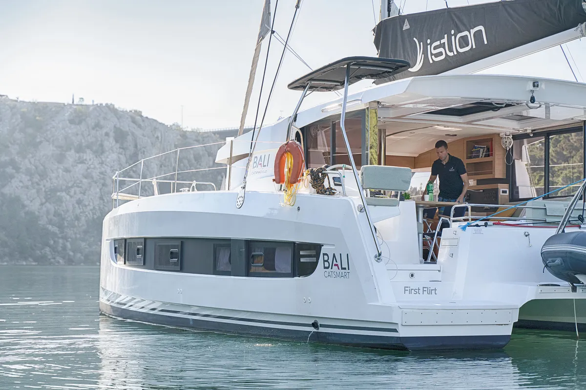Exterior view of First Flirt, a Bali Catsmart catamaran at Skradin, Croatia
