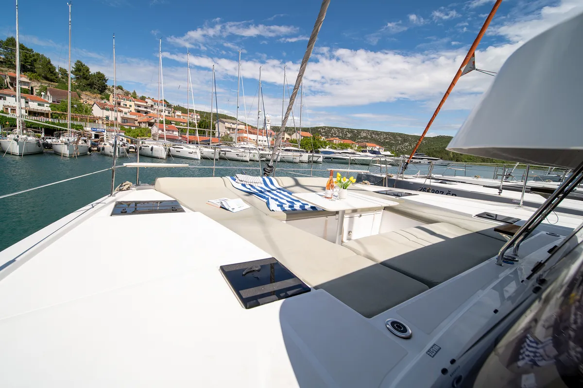 Deck of First Flirt, a Bali Catsmart catamaran at Skradin, Croatia