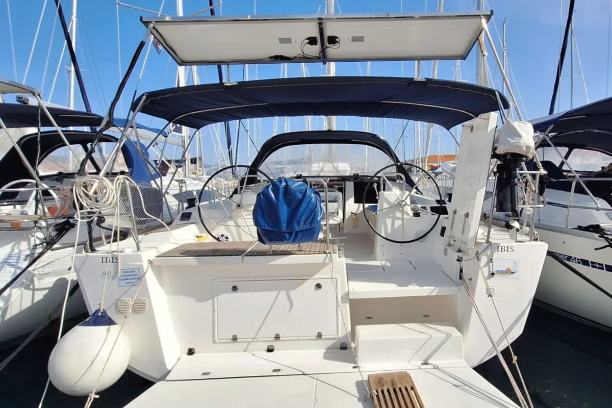 Exterior view of Ibis, a Dufour 460 GL sailboat at Grad Šibenik, Croatia