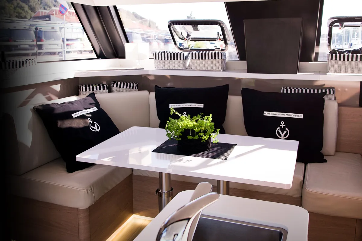 Salon of Jumping Fitness, a Aventura 34 catamaran at Šibenik, Croatia