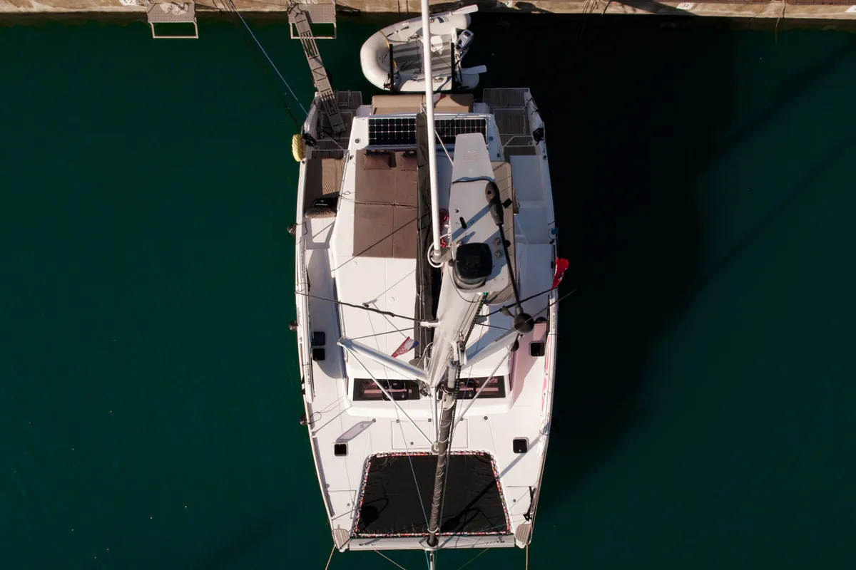 Exterior view of Jumping Fitness, a Aventura 34 catamaran at Šibenik, Croatia
