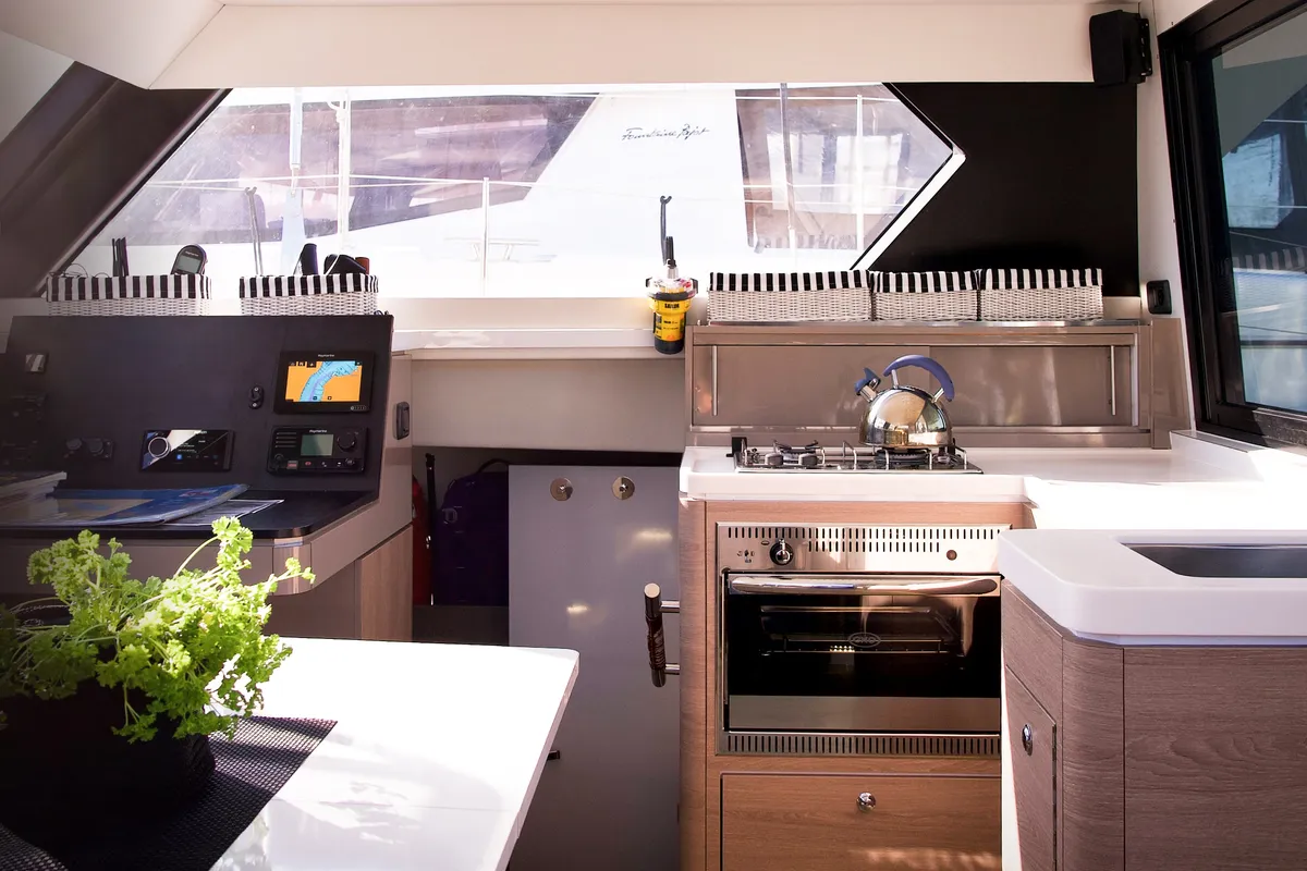 Galley of Jumping Fitness, a Aventura 34 catamaran at Šibenik, Croatia