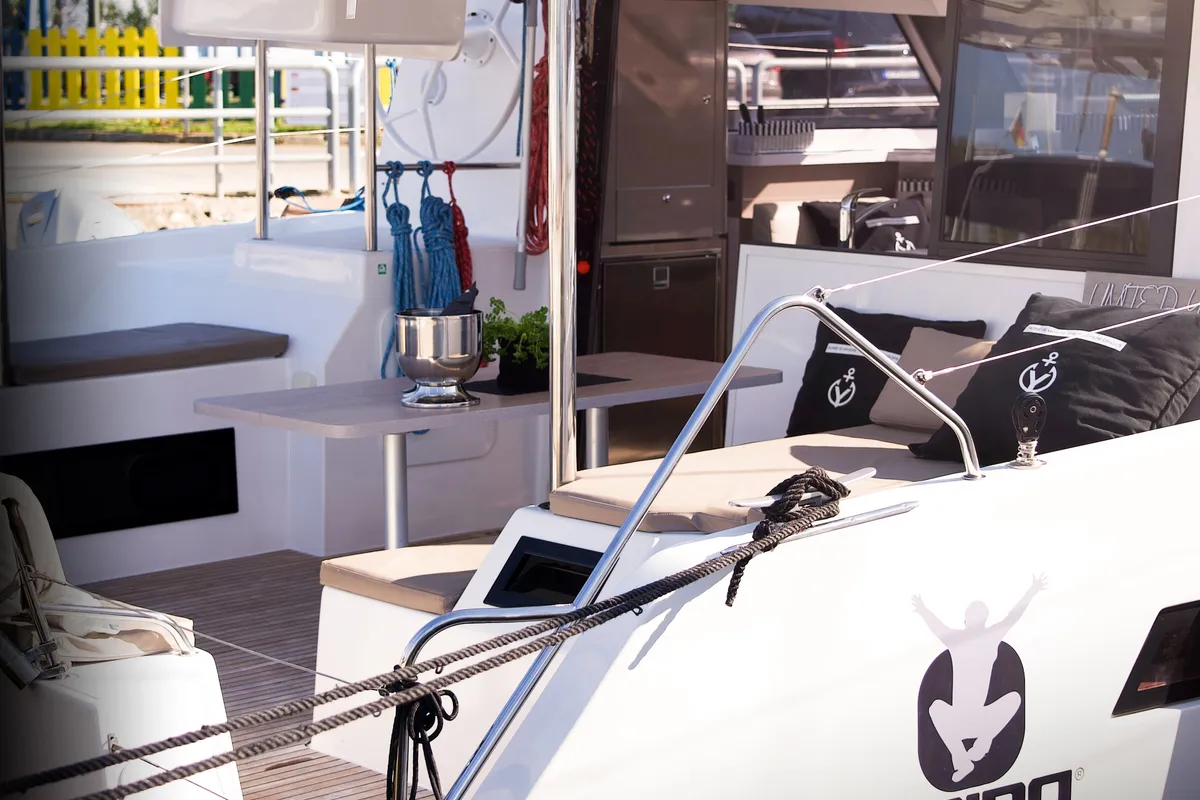 Deck of Jumping Fitness, a Aventura 34 catamaran at Šibenik, Croatia