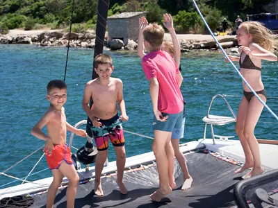 Deck of Jumping Fitness, a Aventura 34 catamaran at Šibenik, Croatia