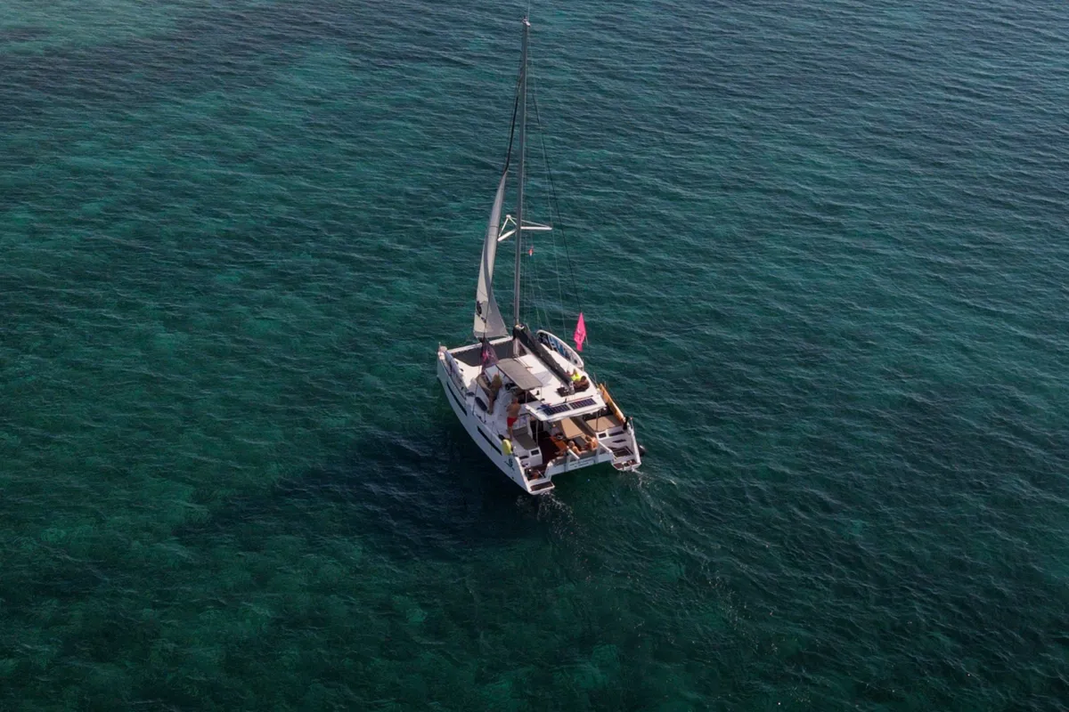 Exterior view of Jumping Fitness, a Aventura 34 catamaran at Šibenik, Croatia