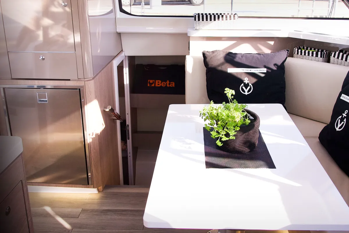 Salon of Jumping Fitness, a Aventura 34 catamaran at Šibenik, Croatia