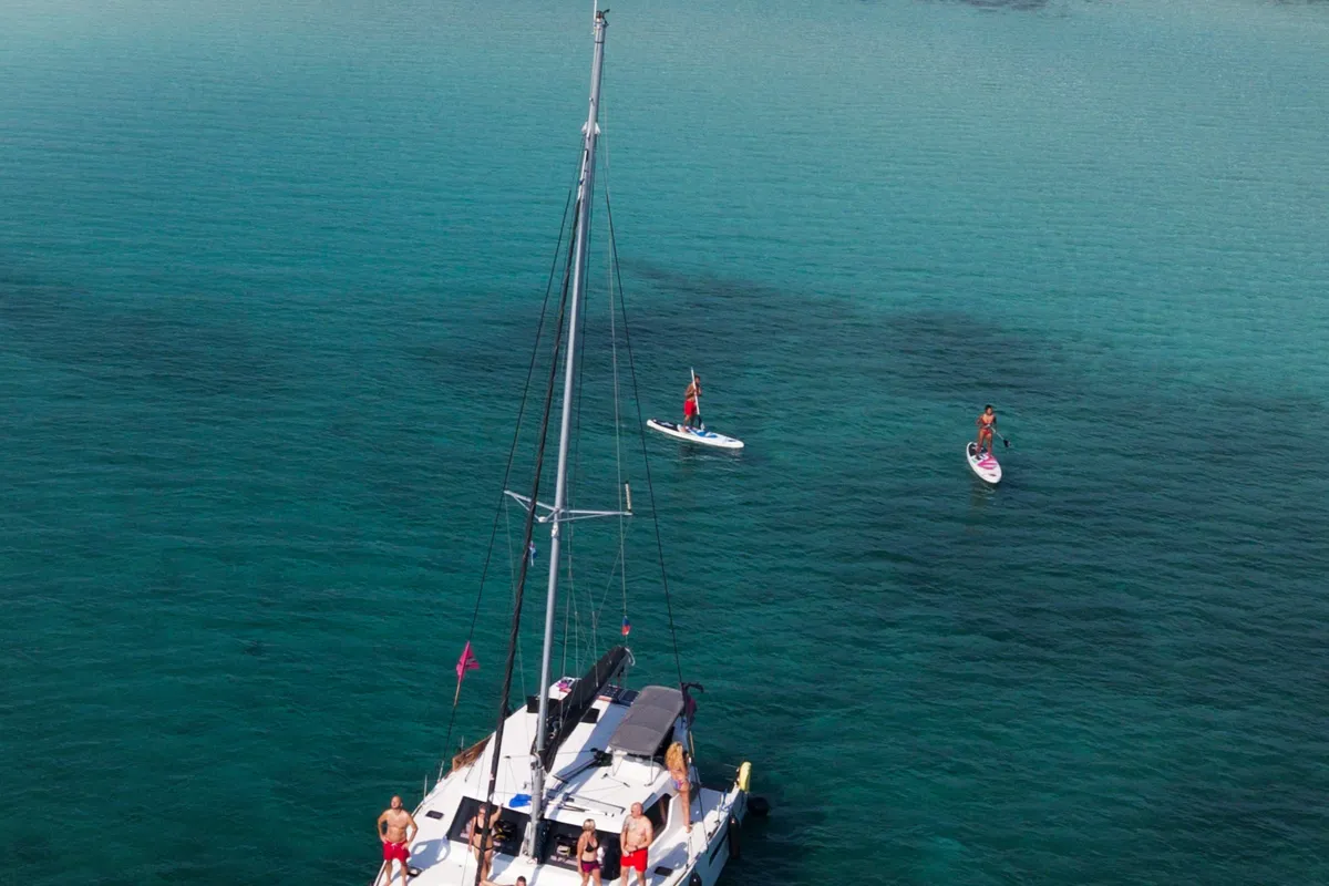 Exterior view of Jumping Fitness, a Aventura 34 catamaran at Šibenik, Croatia