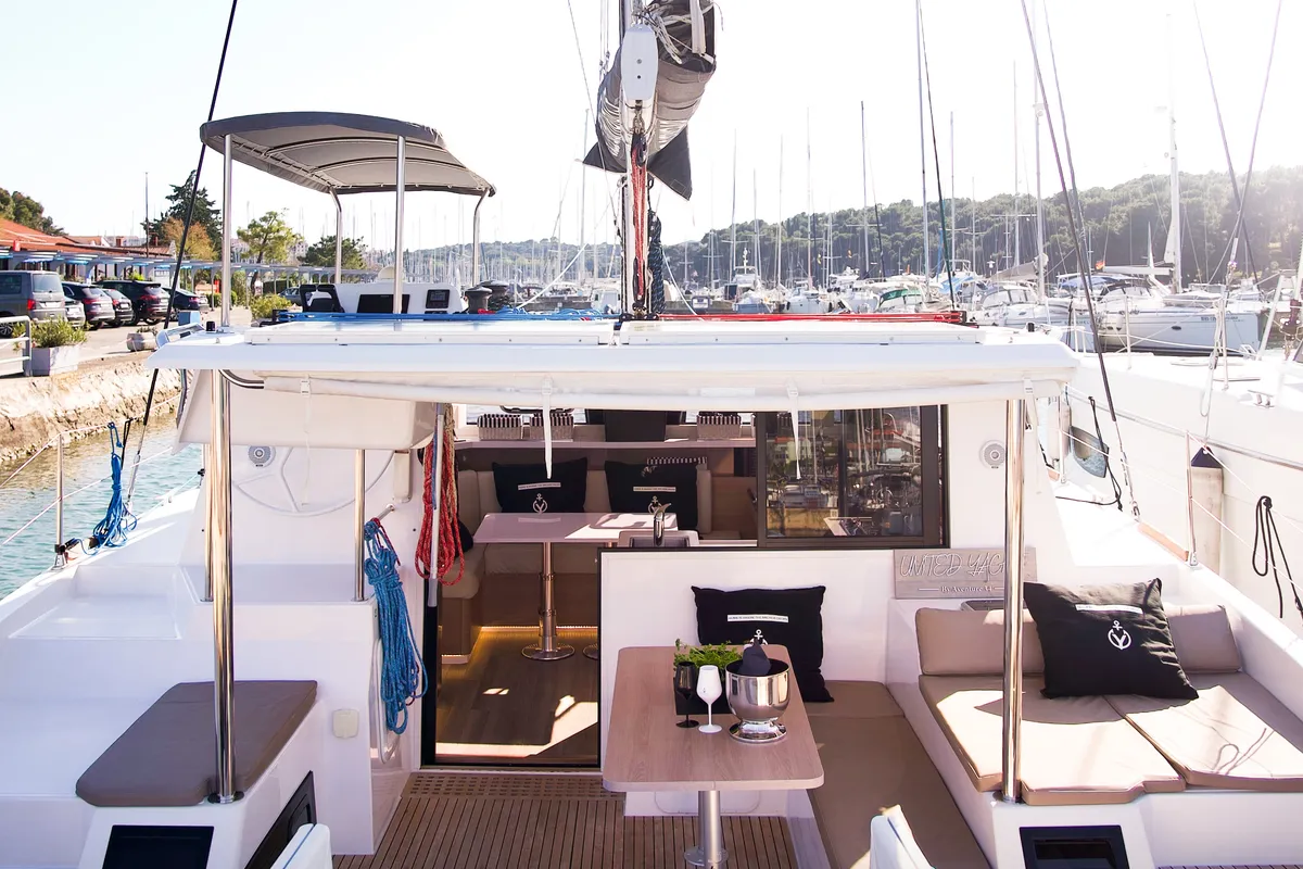 Deck of Jumping Fitness, a Aventura 34 catamaran at Šibenik, Croatia