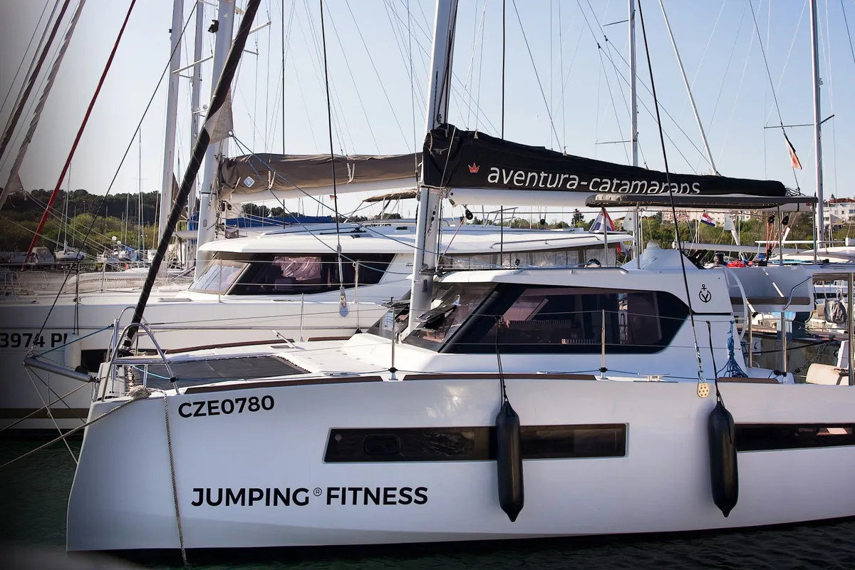 Exterior view of Jumping Fitness, a Aventura 34 catamaran at Šibenik, Croatia