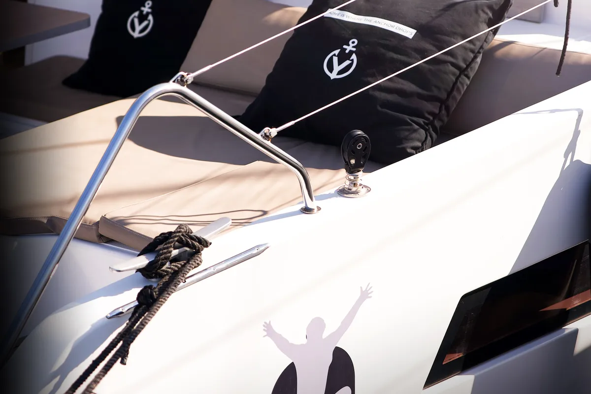 Deck of Jumping Fitness, a Aventura 34 catamaran at Šibenik, Croatia