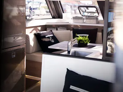 Salon of Jumping Fitness, a Aventura 34 catamaran at Šibenik, Croatia