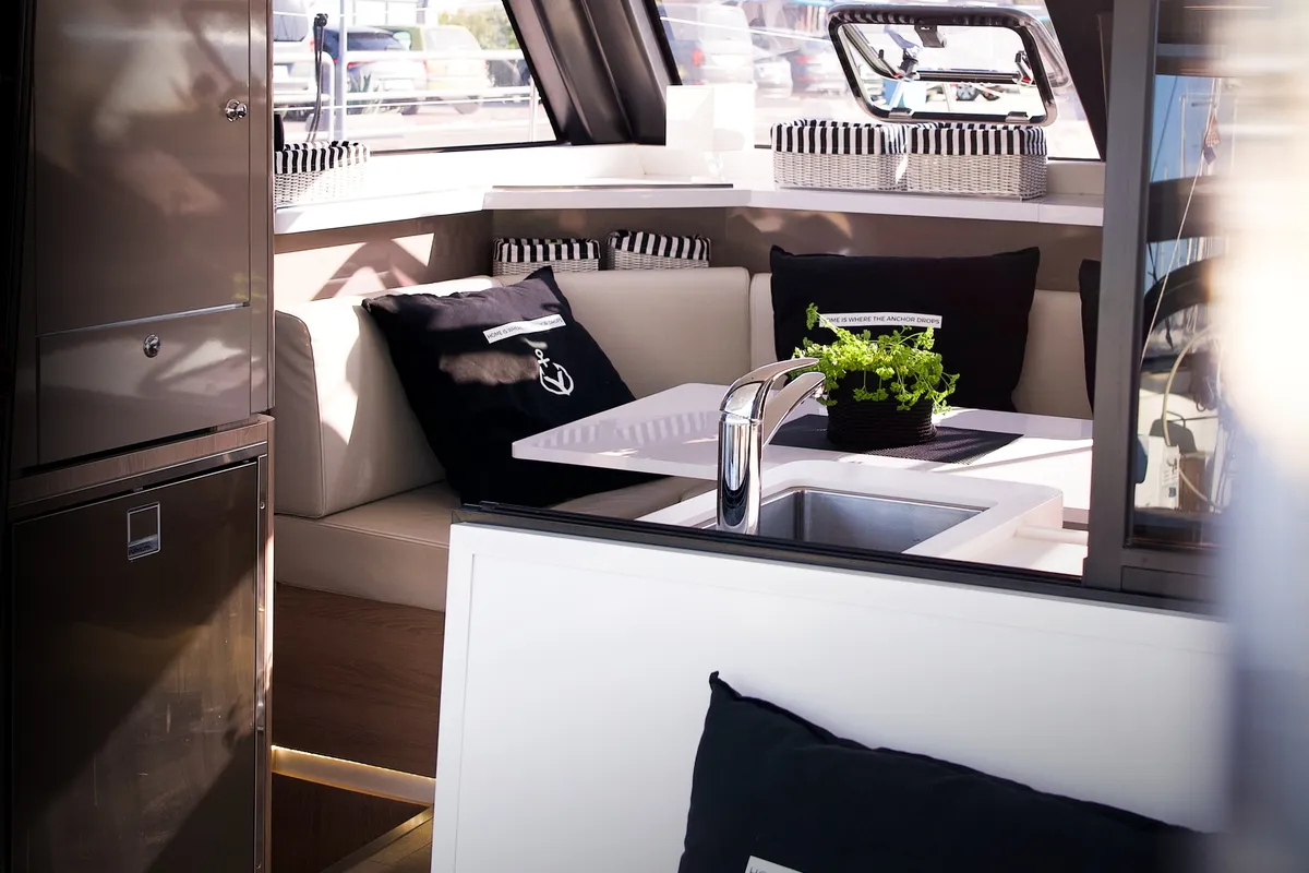 Salon of Jumping Fitness, a Aventura 34 catamaran at Šibenik, Croatia
