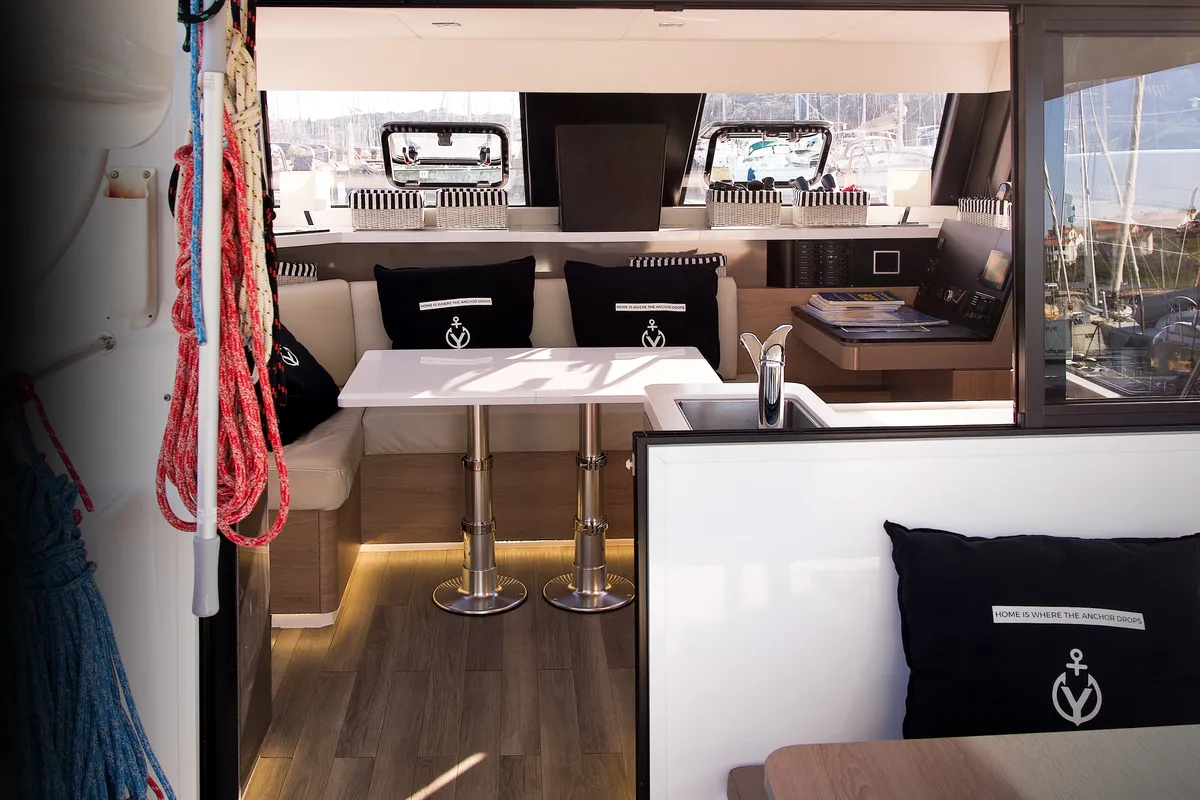 Salon of Jumping Fitness, a Aventura 34 catamaran at Šibenik, Croatia