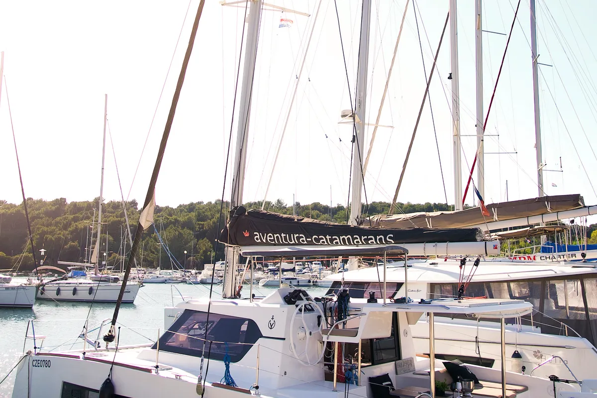 Exterior view of Jumping Fitness, a Aventura 34 catamaran at Šibenik, Croatia