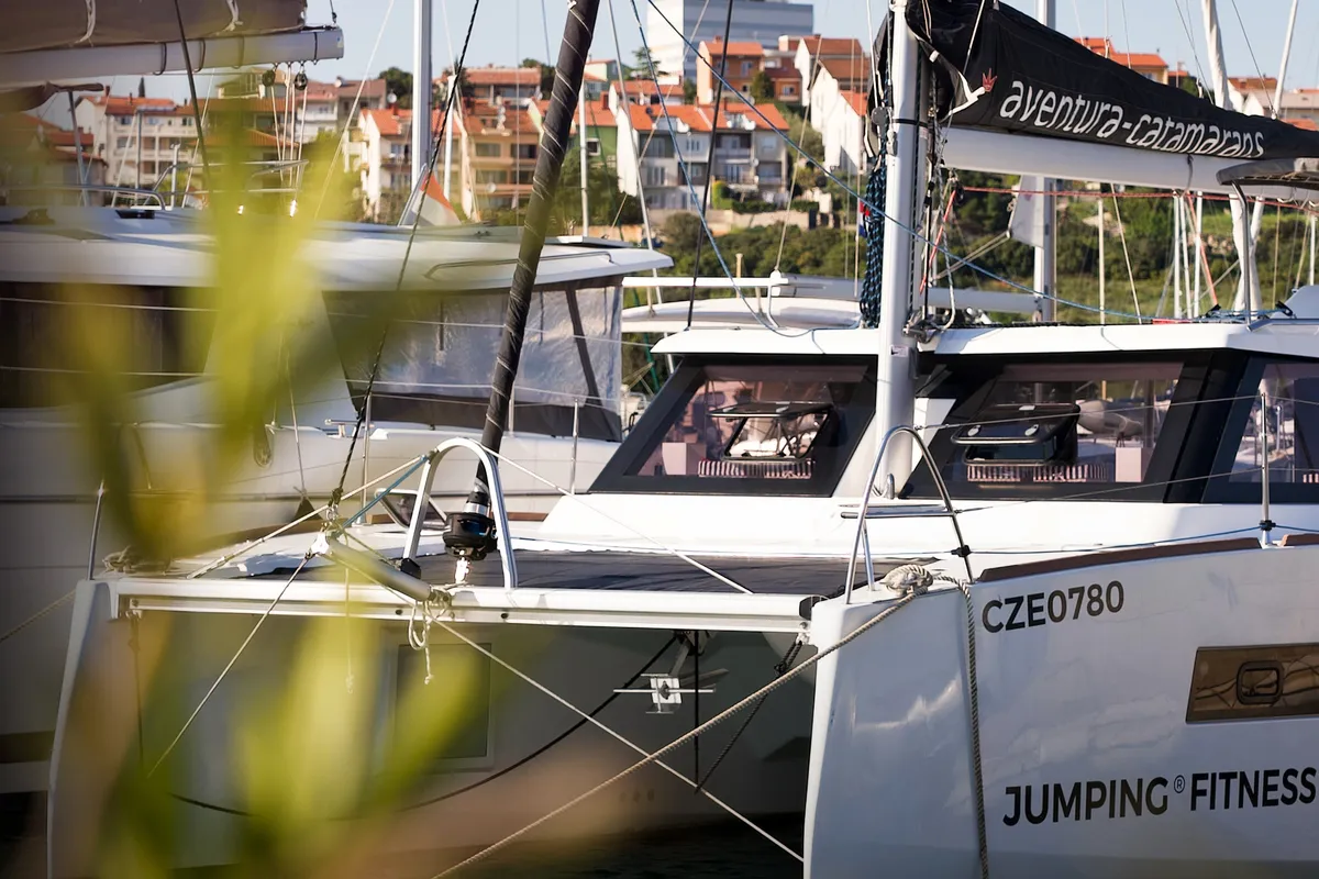 Exterior view of Jumping Fitness, a Aventura 34 catamaran at Šibenik, Croatia