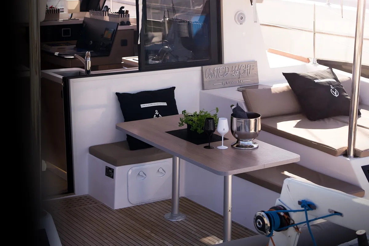 Deck of Jumping Fitness, a Aventura 34 catamaran at Šibenik, Croatia