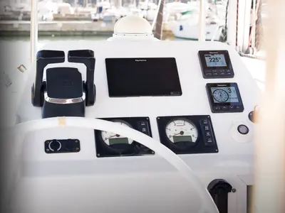 Cockpit of Jumping Fitness, a Aventura 34 catamaran at Šibenik, Croatia