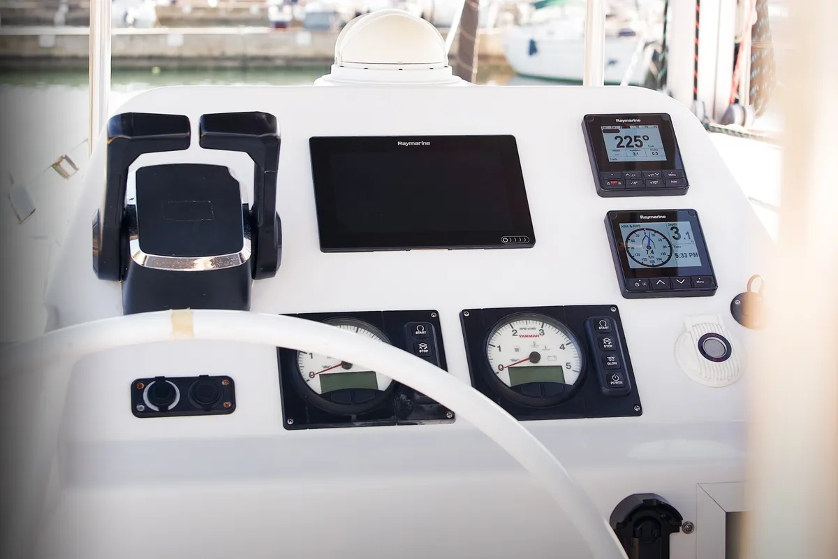 Cockpit of Jumping Fitness, a Aventura 34 catamaran at Šibenik, Croatia