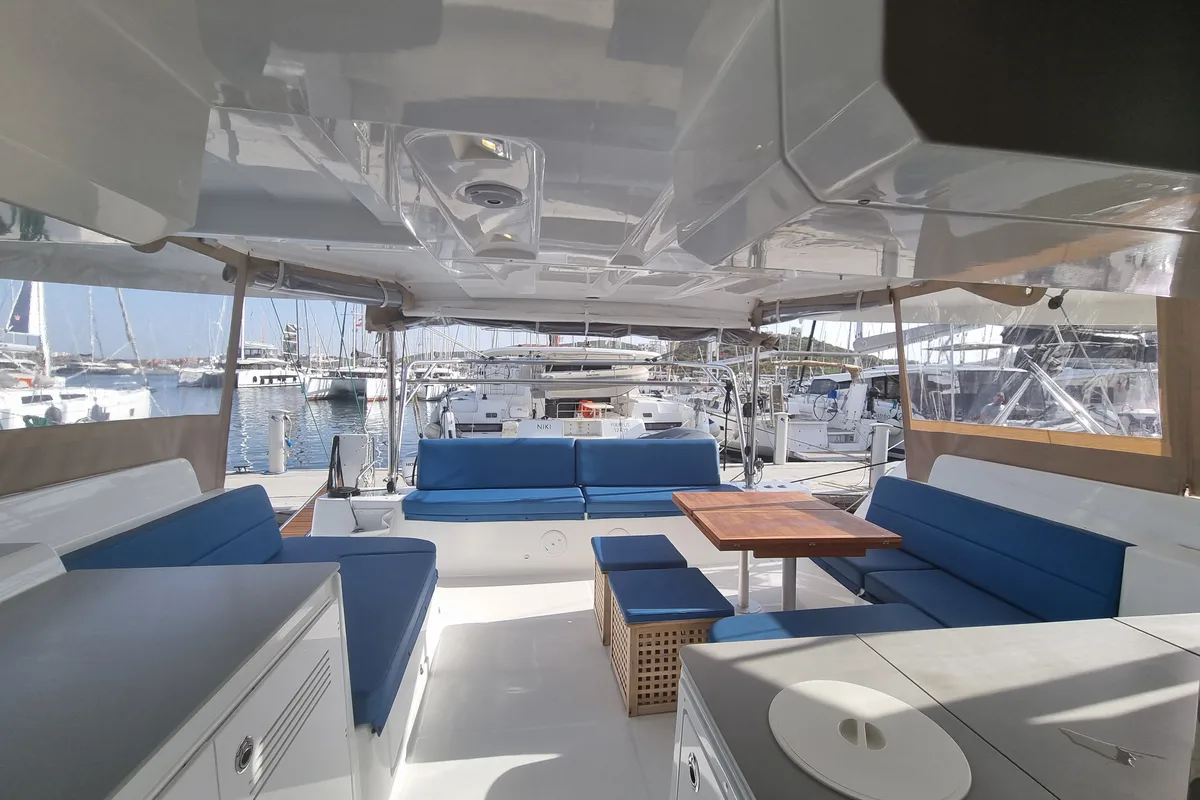 Deck of Dionike, a Lagoon 46 catamaran at Lavrion, Greece