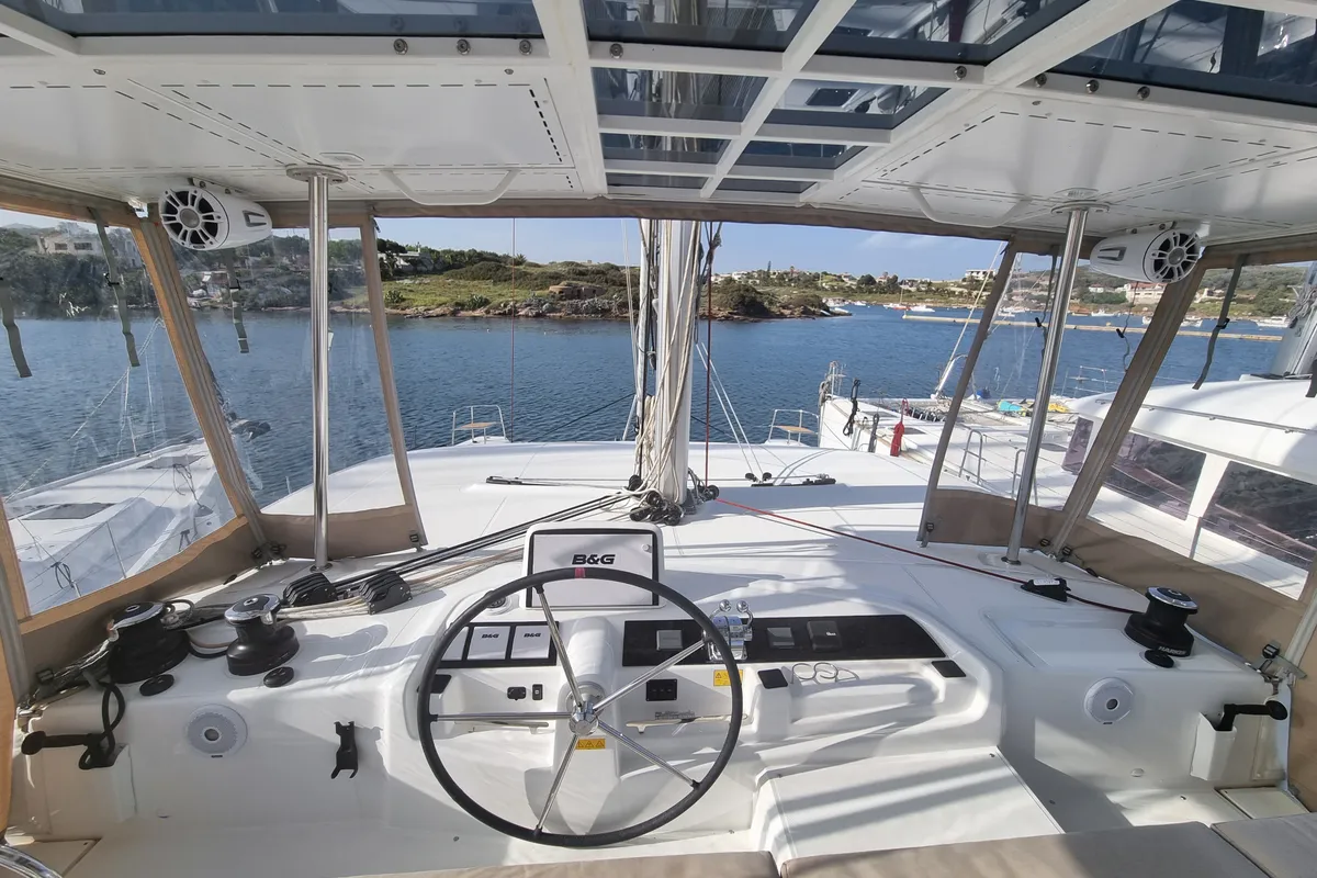 Cockpit of Dionike, a Lagoon 46 catamaran at Lavrion, Greece