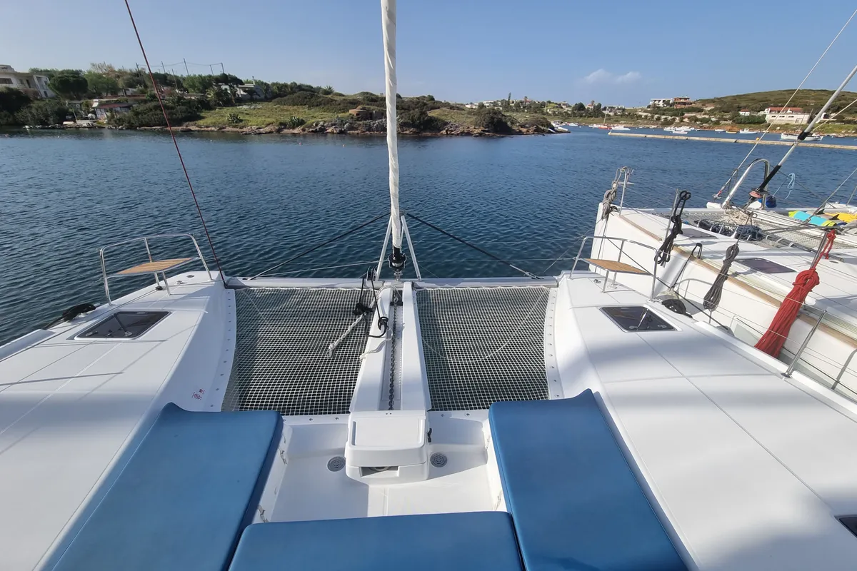 Deck of Dionike, a Lagoon 46 catamaran at Lavrion, Greece
