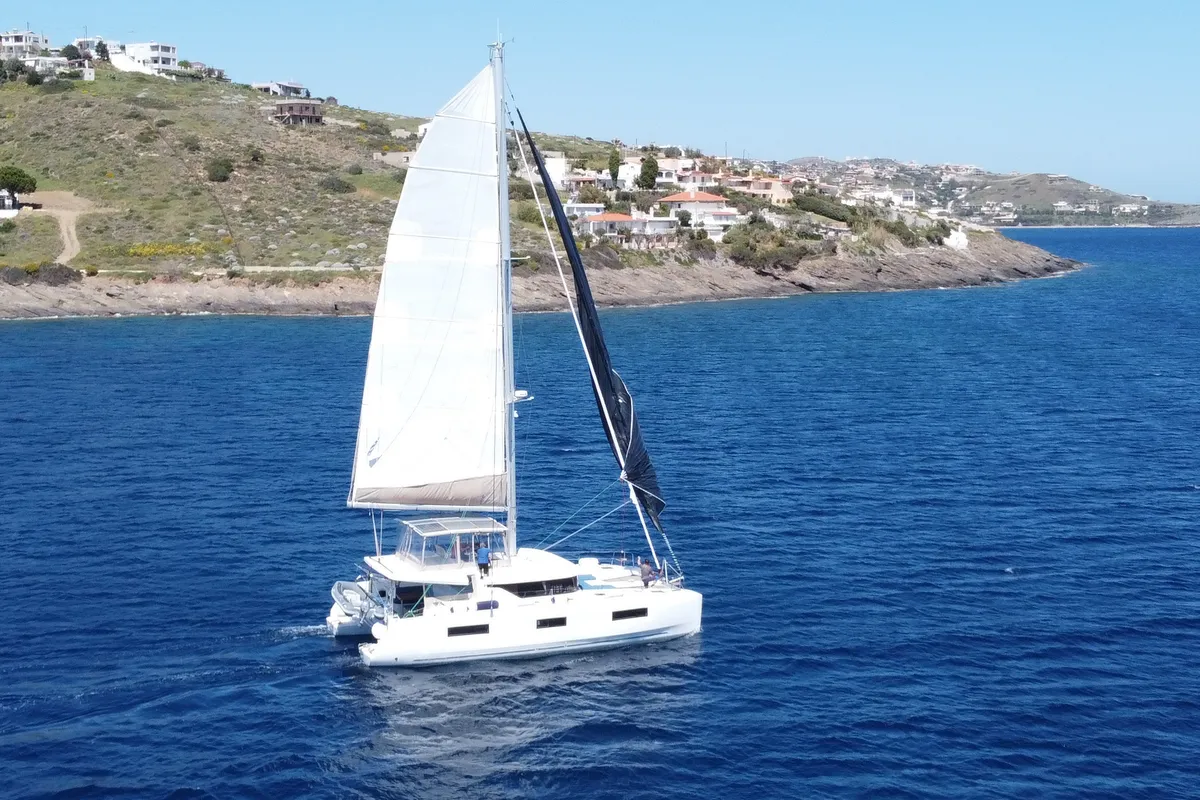 Exterior view of Dionike, a Lagoon 46 catamaran at Lavrion, Greece