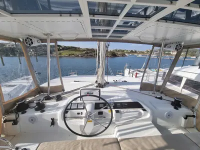 Cockpit of Dionike, a Lagoon 46 catamaran at Lavrion, Greece
