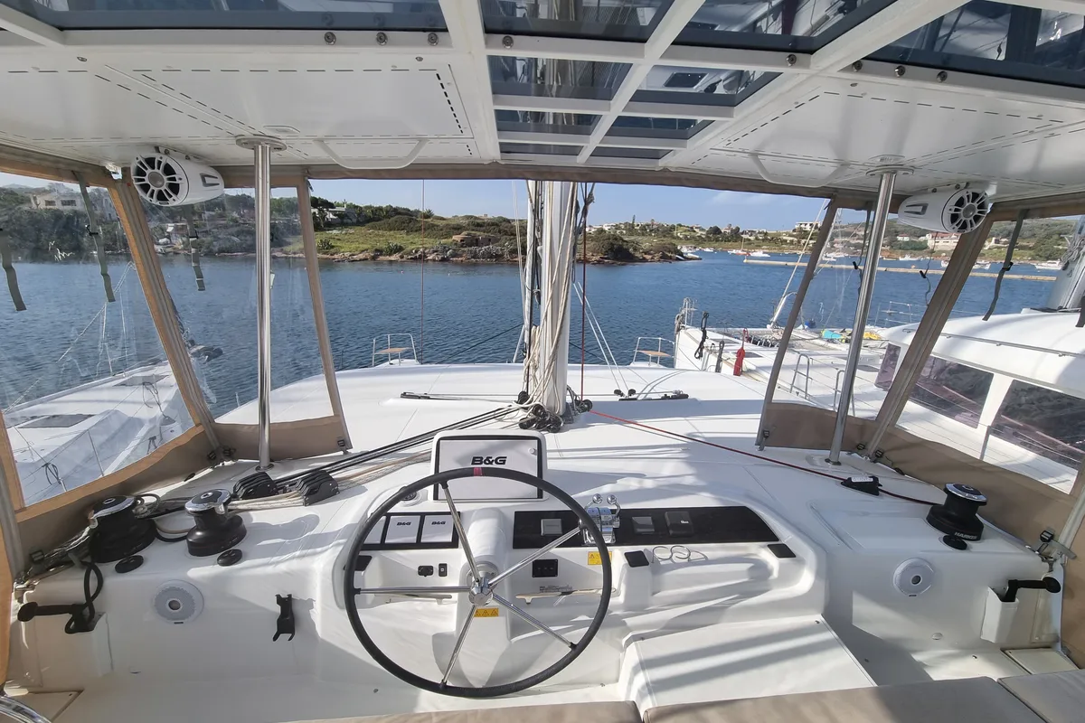 Cockpit of Dionike, a Lagoon 46 catamaran at Lavrion, Greece