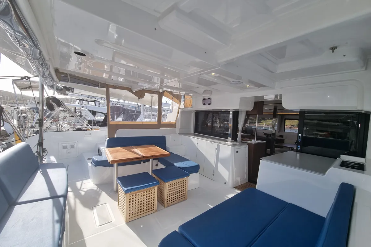 Deck of Dionike, a Lagoon 46 catamaran at Lavrion, Greece