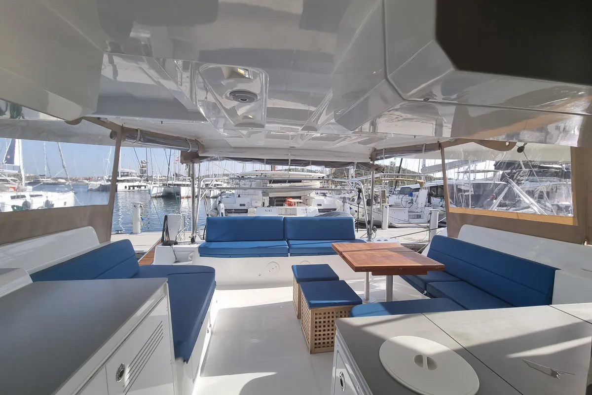 Deck of Dionike, a Lagoon 46 catamaran at Lavrion, Greece