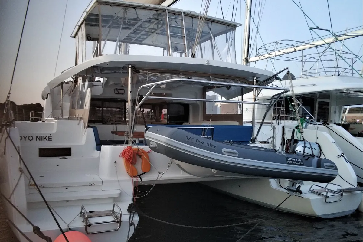 Exterior view of Dionike, a Lagoon 46 catamaran at Lavrion, Greece