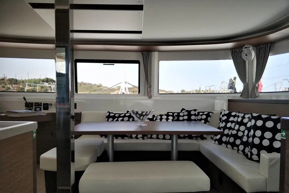 Salon of Dionike, a Lagoon 46 catamaran at Lavrion, Greece