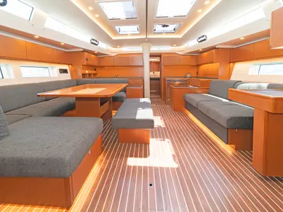 Salon of Seacret, a Bavaria C57 sailboat at Athens, Greece