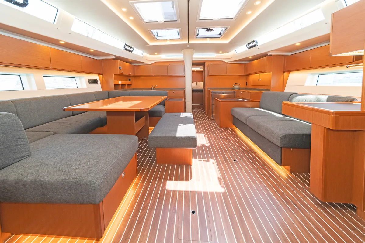 Salon of Seacret, a Bavaria C57 sailboat at Athens, Greece