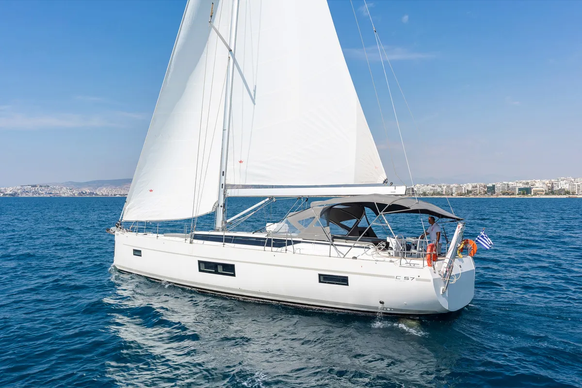 Exterior view of Seacret, a Bavaria C57 sailboat at Athens, Greece