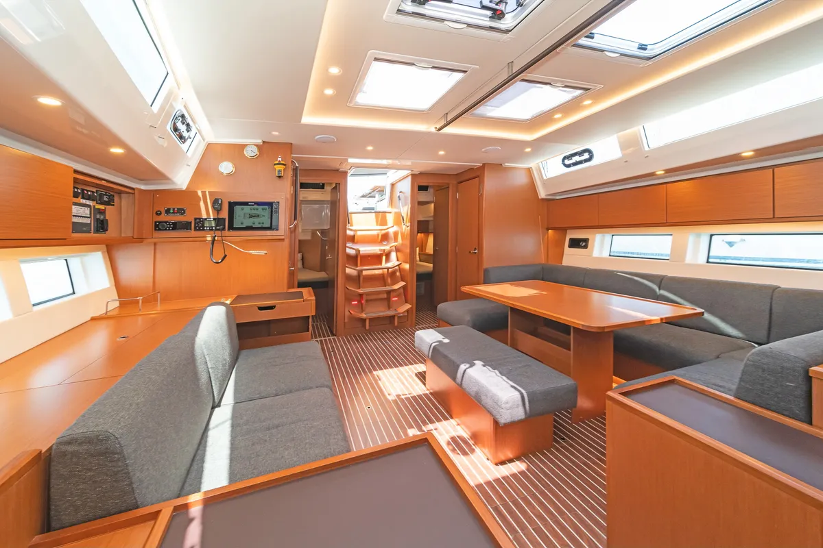 Salon of Seacret, a Bavaria C57 sailboat at Athens, Greece