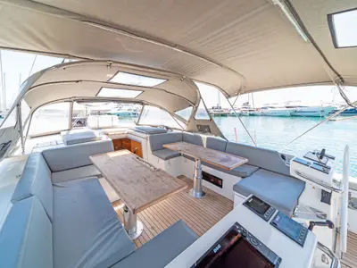 Deck of Seacret, a Bavaria C57 sailboat at Athens, Greece