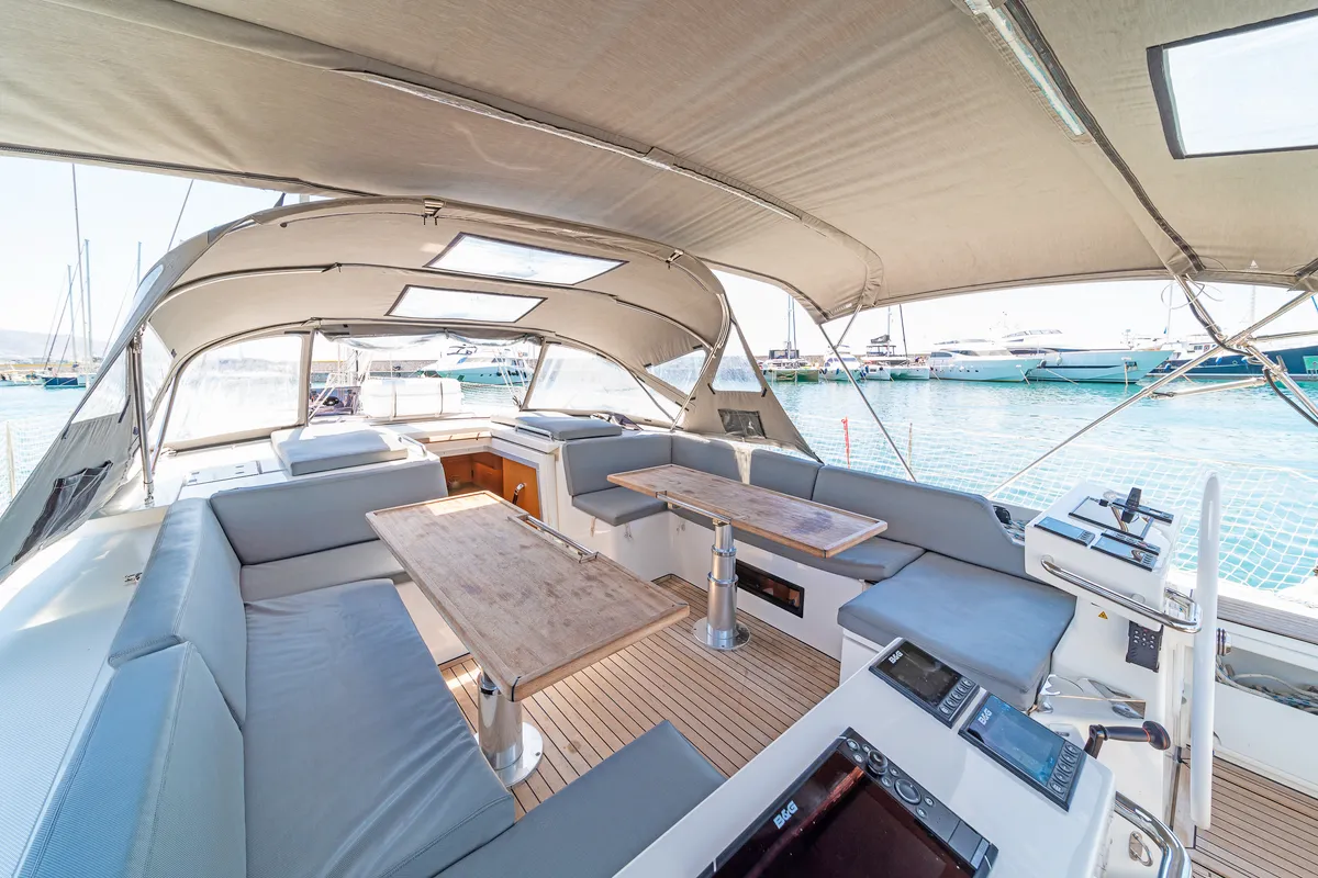 Deck of Seacret, a Bavaria C57 sailboat at Athens, Greece