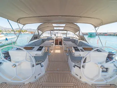 Cockpit of Seacret, a Bavaria C57 sailboat at Athens, Greece